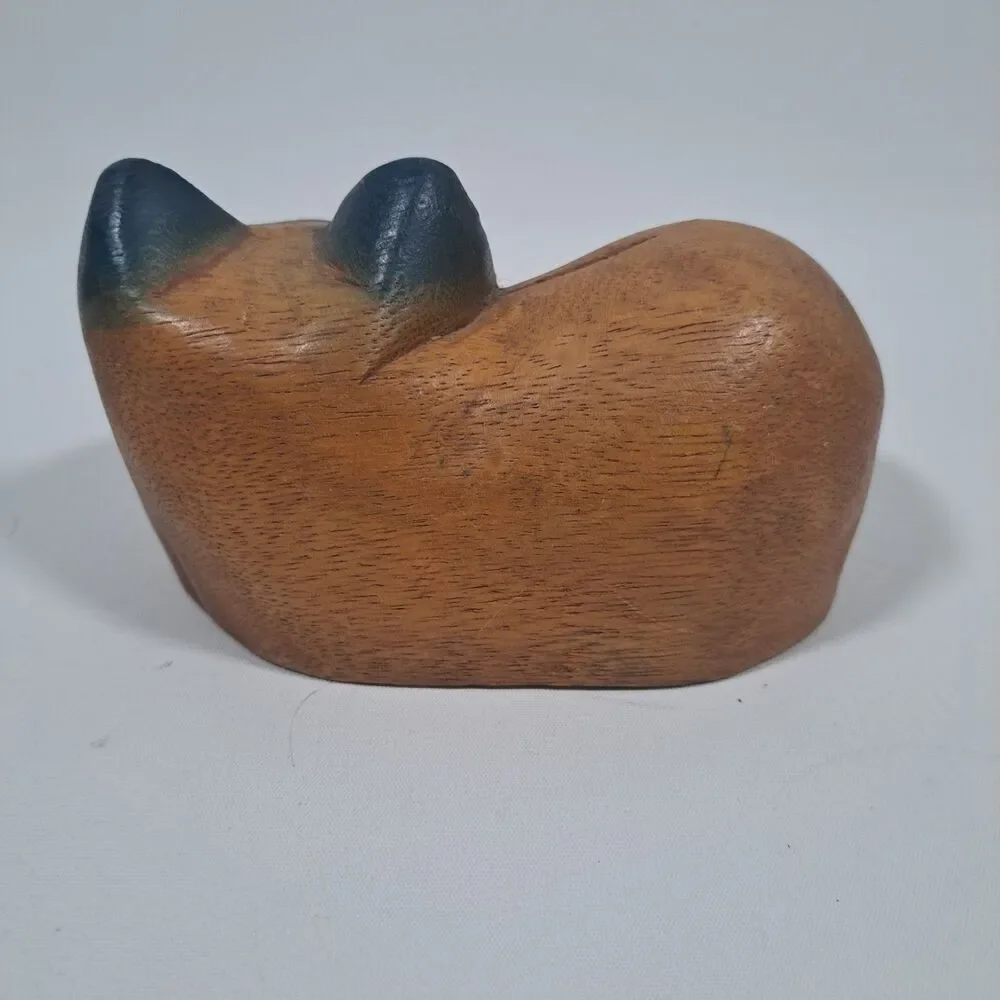 Vintage Pier 1 Folk Art Carved Resting Cat Brown Blue Yellow Eyes Trinket Boho